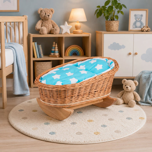 wicker cradle for dolls with blue lining, pillow and duvet