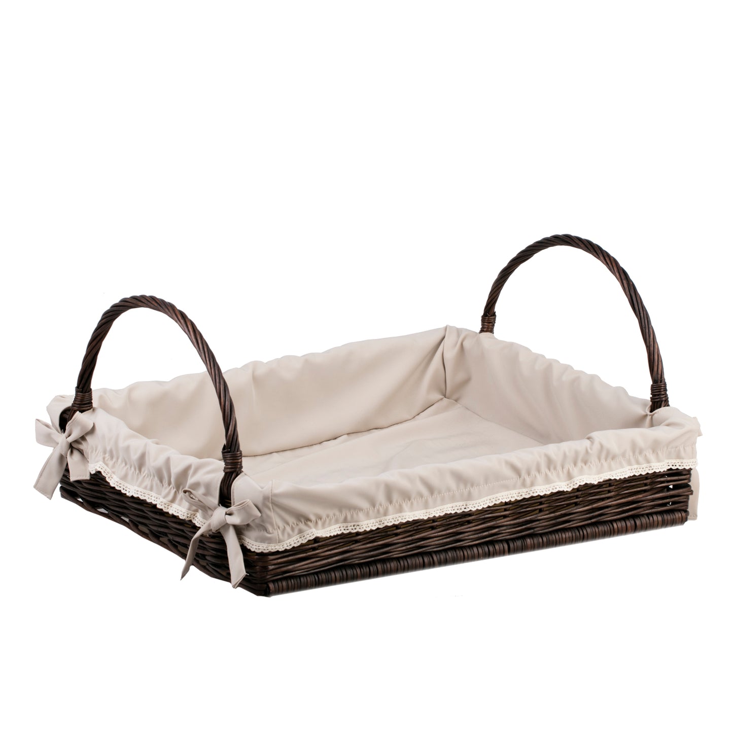 Rektangulær bakke af flet med håndtag og stofbetræk TheWickerStories