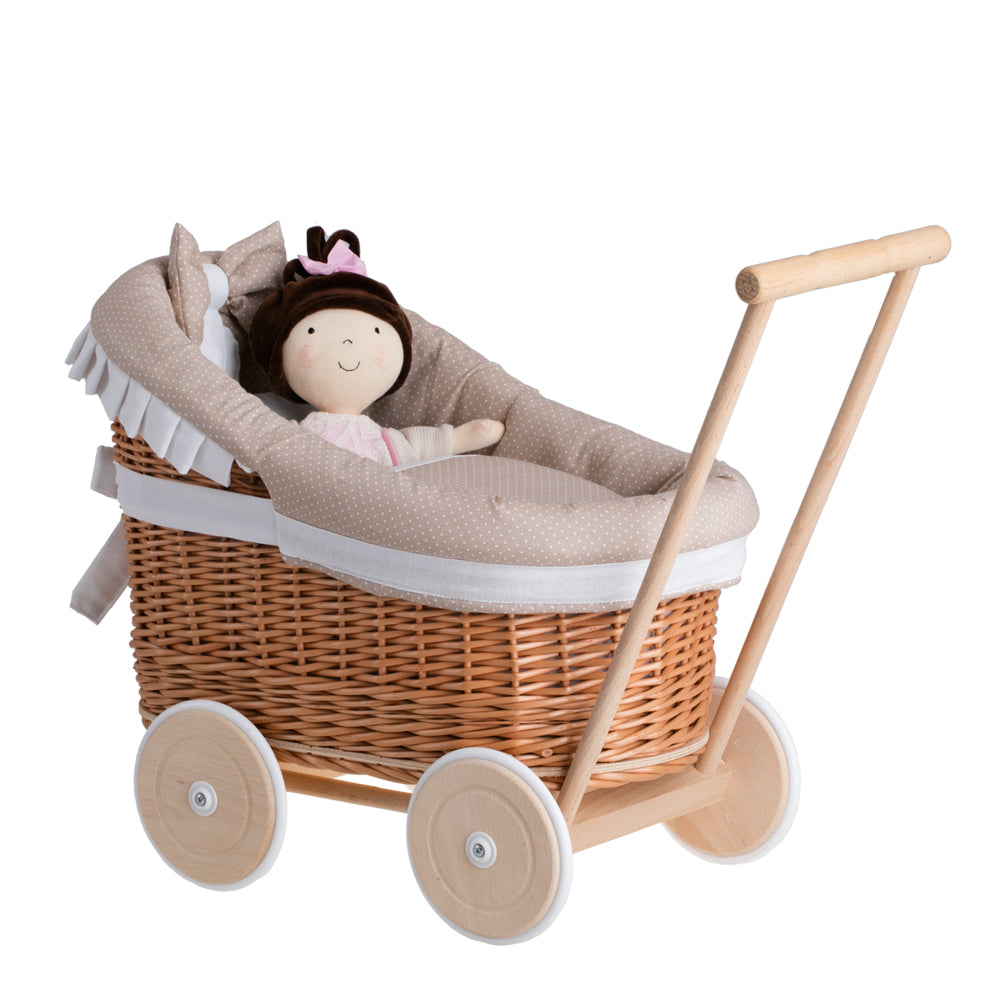 Luna vikledukkevogn med beige kanting, dyne og pute