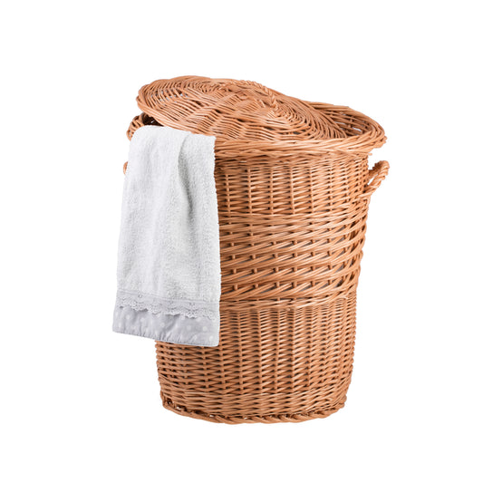 Mervina wicker laundry hamper with cream trim, lid and handles TheWickerStories