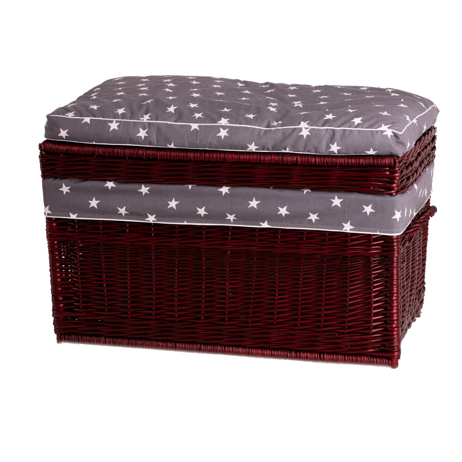 Wickertruhe mit Besatz und Kissen für das Schlafzimmer – handgefertigter Organizer – wickerstories