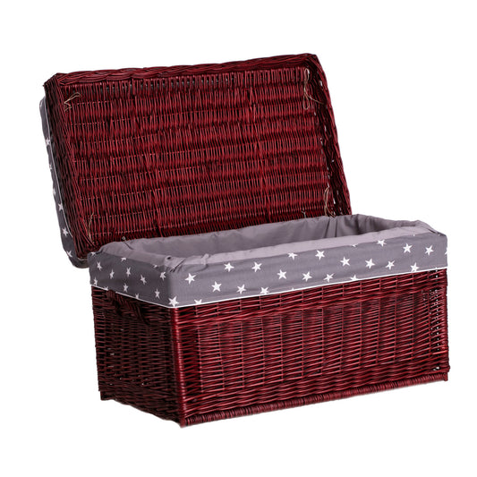 Kogia wicker basket with gray trim, cushion, handles and lid TheWickerStories