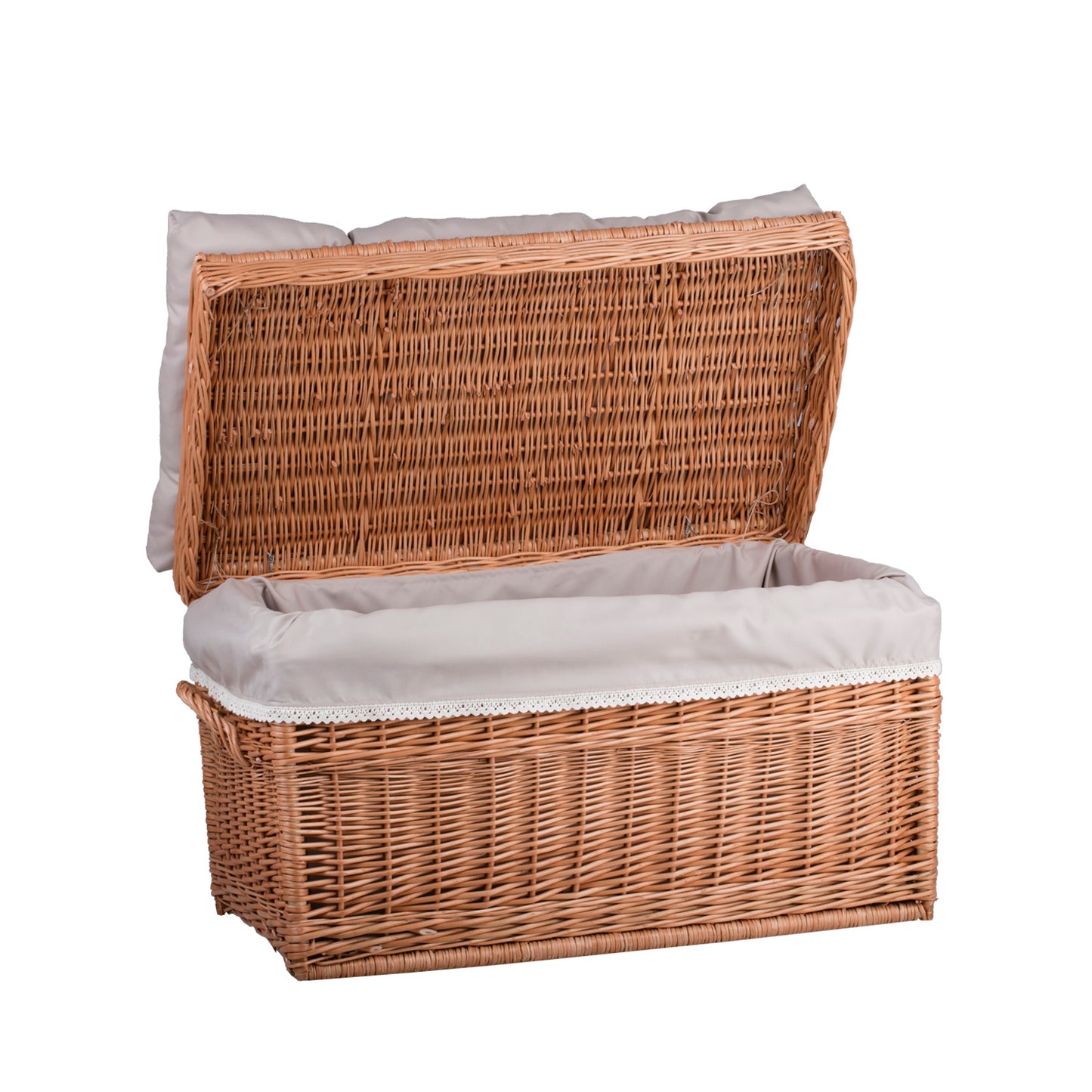 Kogia panier en osier avec bordure beige, coussin, poignées et couvercle