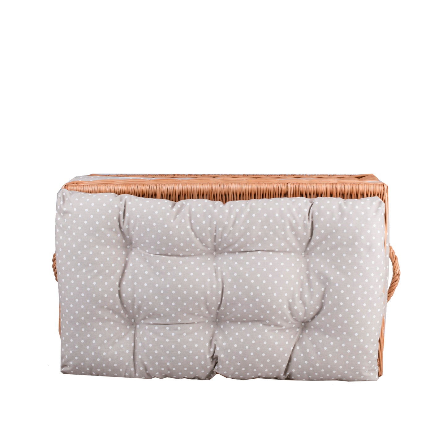 Kogia wicker basket with beige trim, cushion, handles and lid TheWickerStories