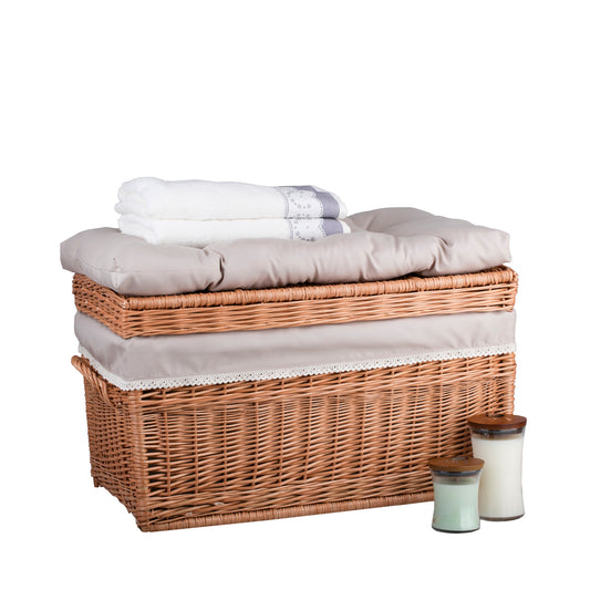 Kogia wicker basket with beige trim, cushion, handles and lid TheWickerStories