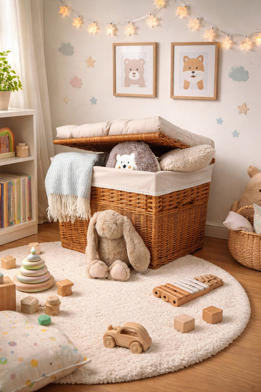 wicker basket with beige trim, cushion, handles and lid