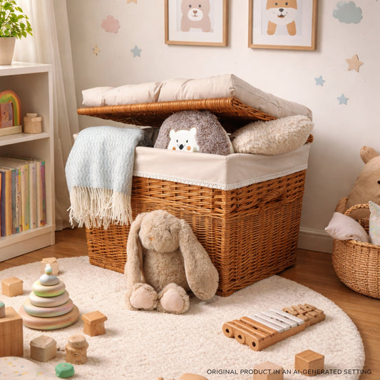 rotanmand met beige afwerking, kussen, handvatten en deksel