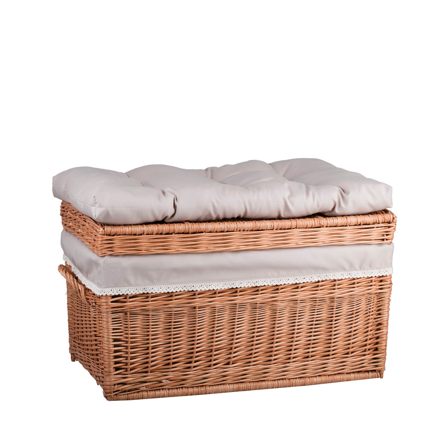 Kogia panier en osier avec bordure beige, coussin, poignées et couvercle