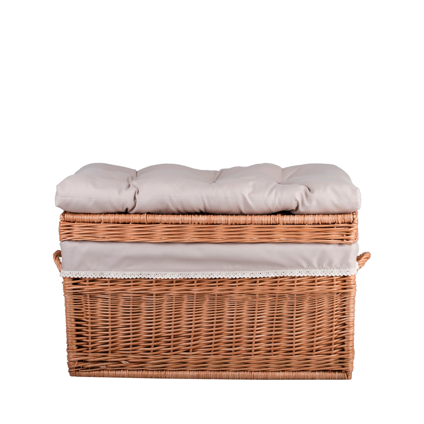 Kogia panier en osier avec bordure beige, coussin, poignées et couvercle