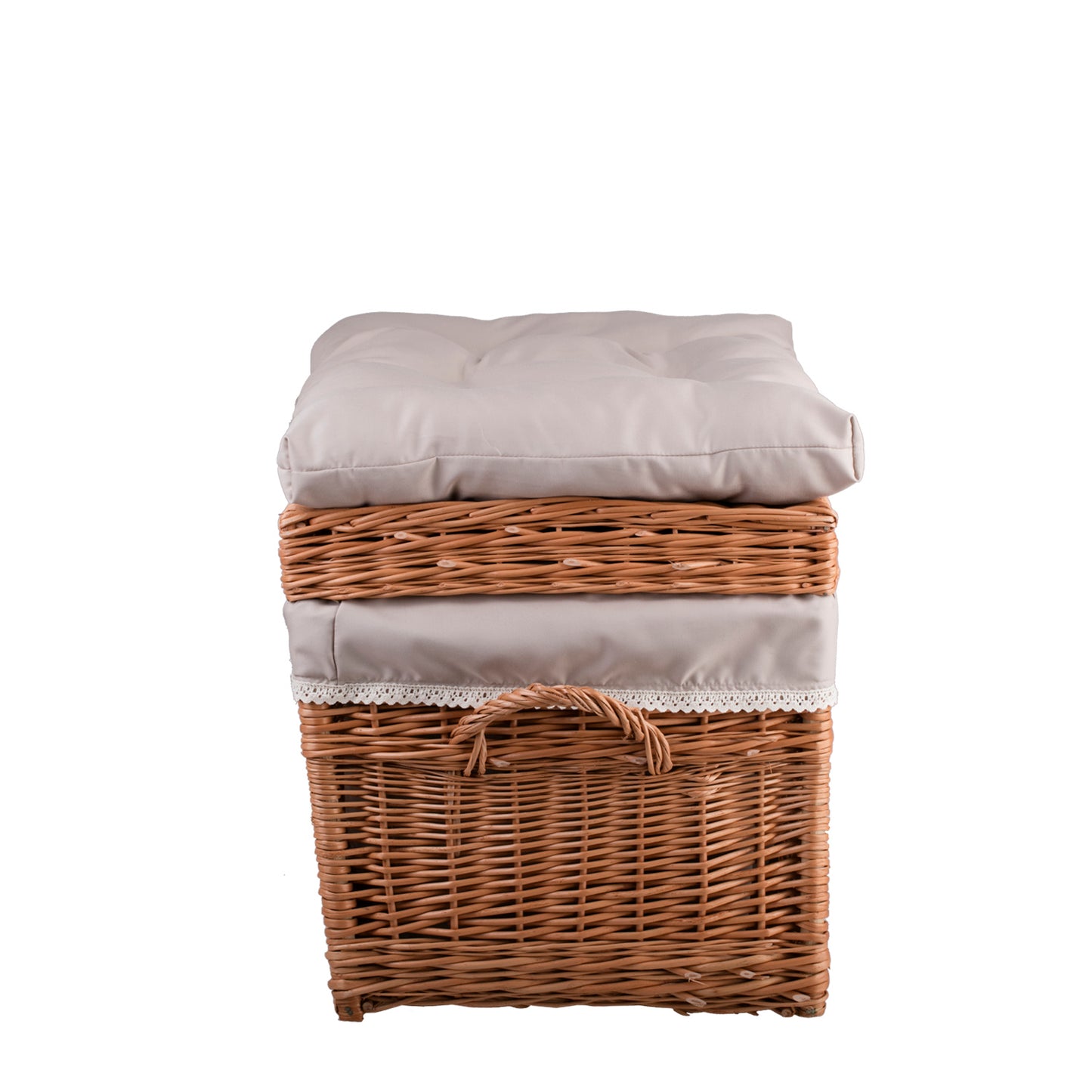 Kogia panier en osier avec bordure beige, coussin, poignées et couvercle