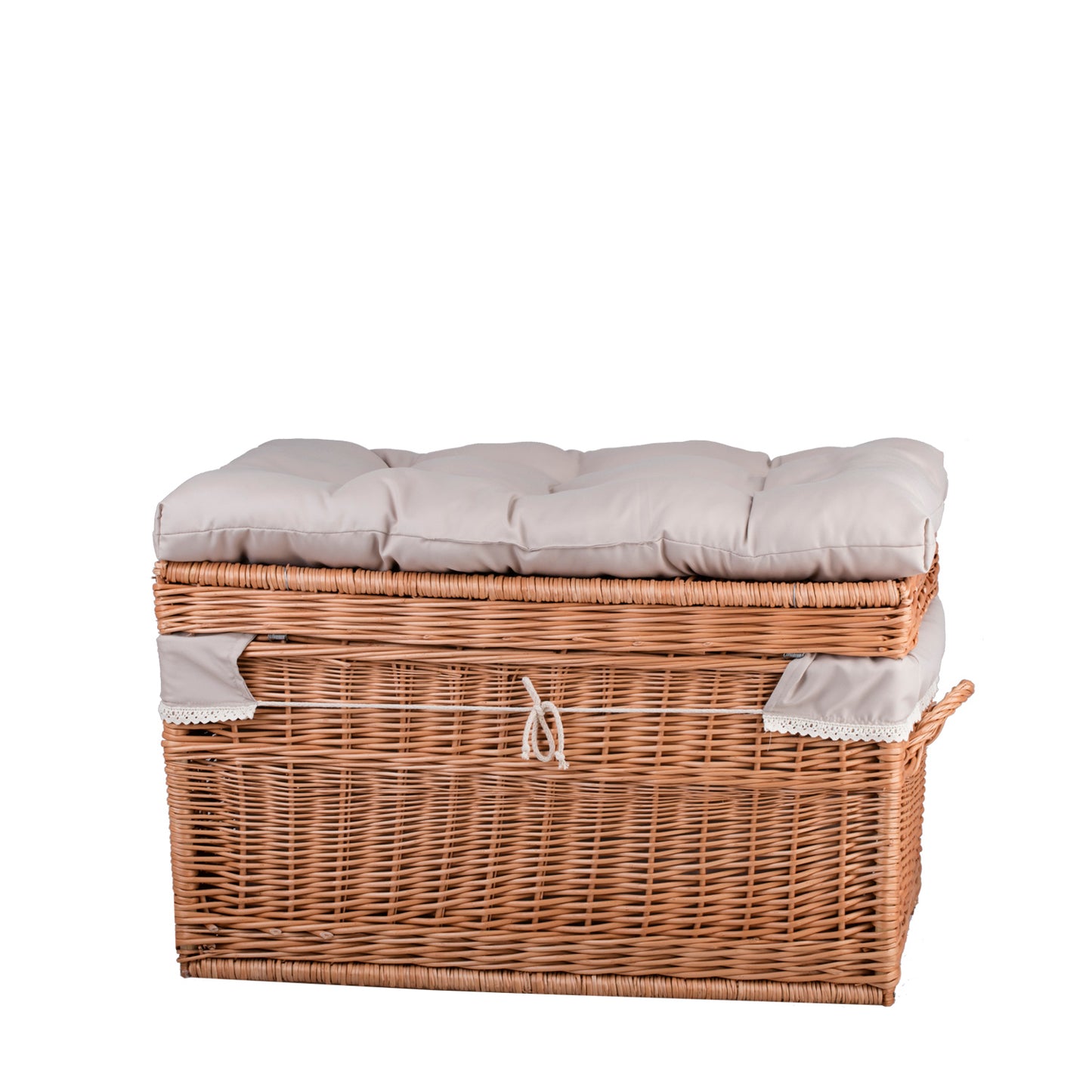 Kogia panier en osier avec bordure beige, coussin, poignées et couvercle