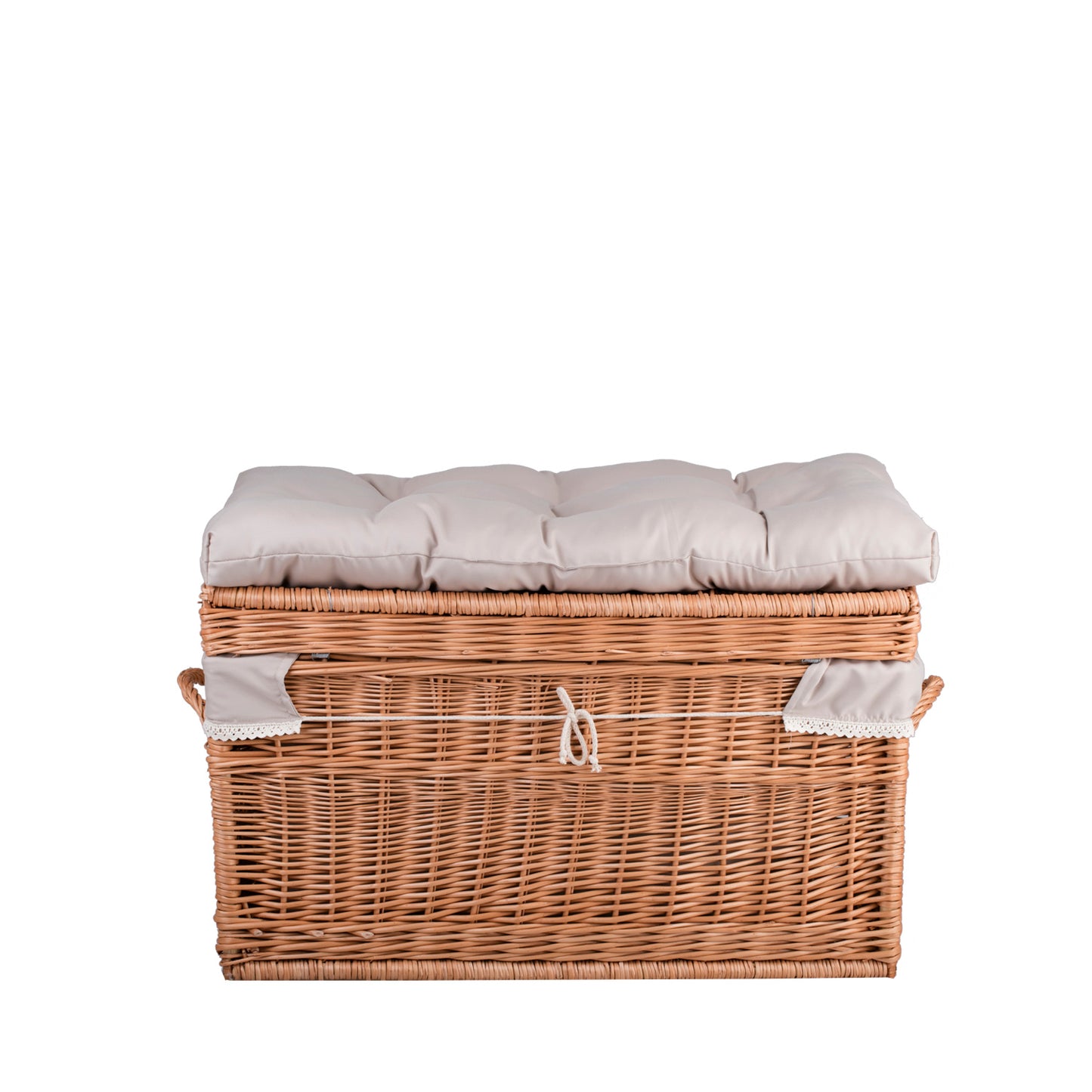 Kogia panier en osier avec bordure beige, coussin, poignées et couvercle