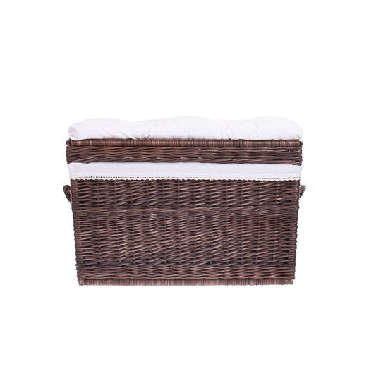 wicker basket with cream trim, cushion, handles, and lid