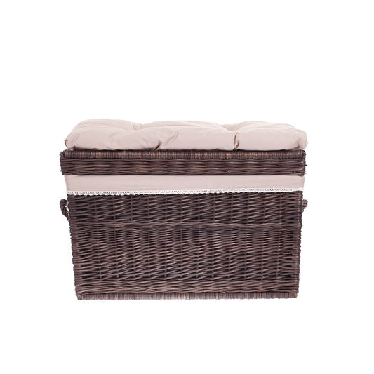 Kogia wicker basket with beige trim, cushion, handles and lid TheWickerStories