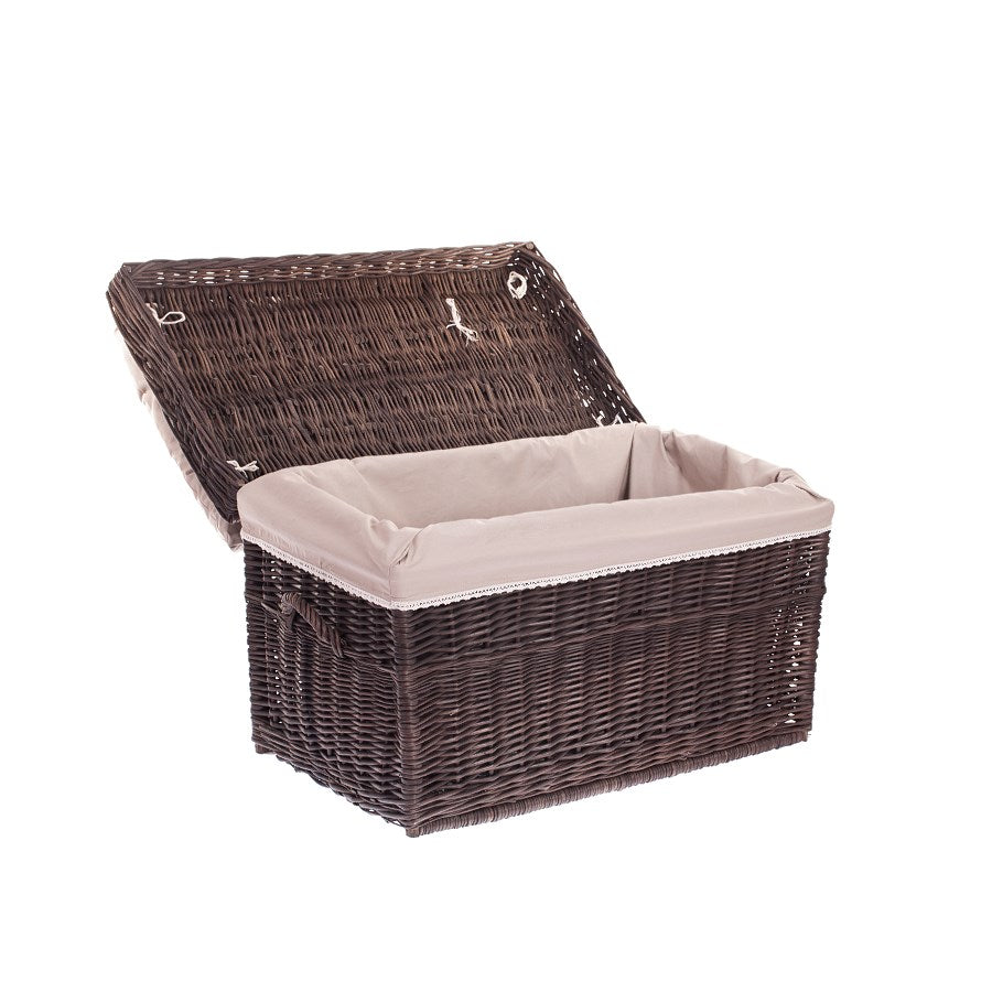 Kogia panier en osier avec bordure beige, coussin, poignées et couvercle TheWickerStories