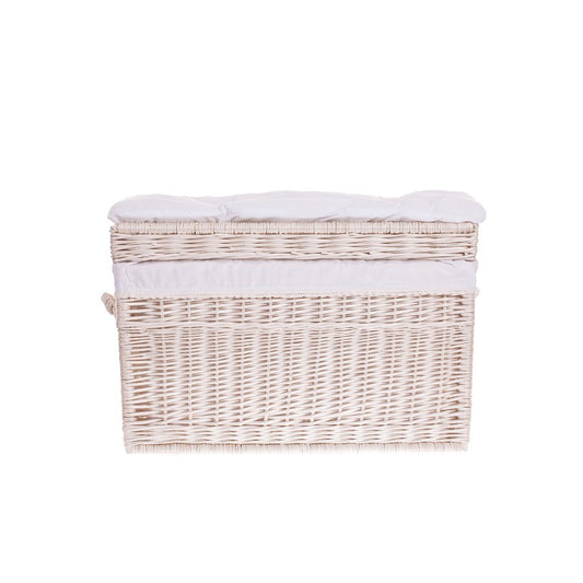 Kogia wicker basket with cream trim, cushion, handles, and lid TheWickerStories