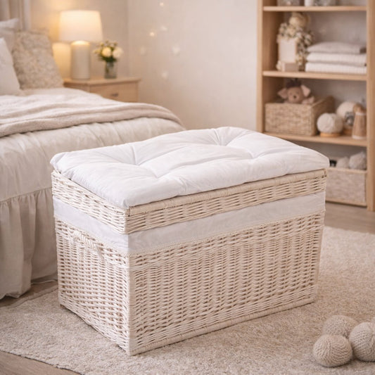 Kogia wicker basket with cream trim, cushion, handles, and lid TheWickerStories