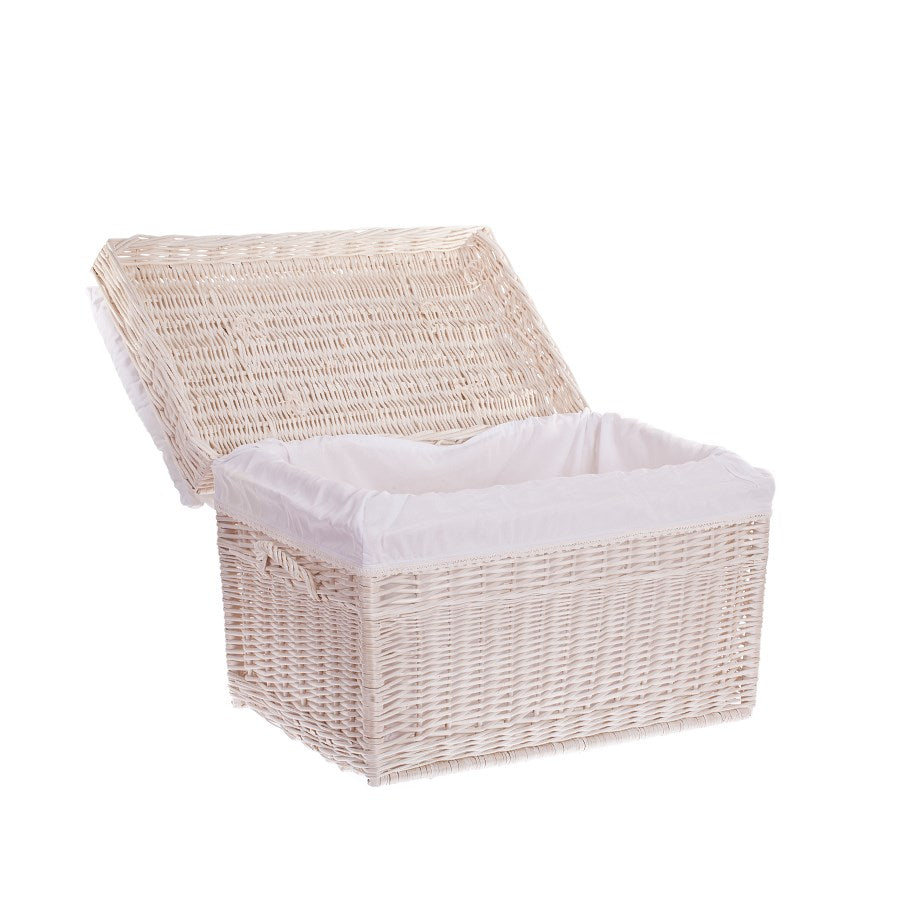 Kogia proutěný koš s krémovým lemováním, polštářem, rukojeťmi a víkem TheWickerStories