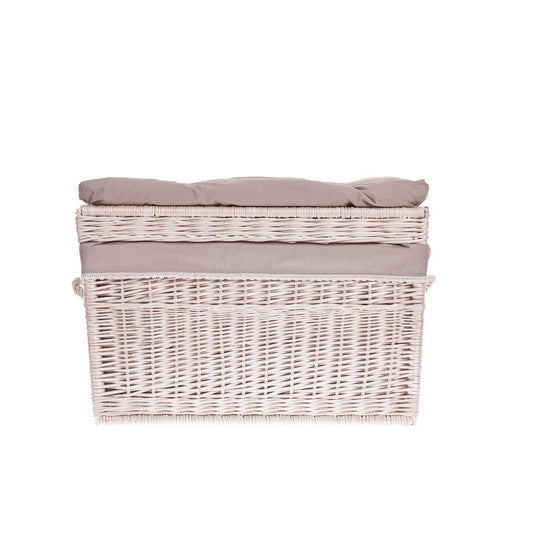 wicker basket with beige trim, cushion, handles, and lid