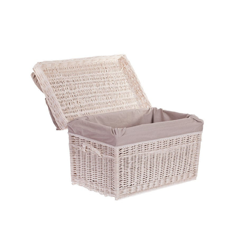 Kogia panier en osier avec bordure beige, coussin, poignées et couvercle TheWickerStories