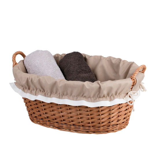 wicker basket with handles and beige lining