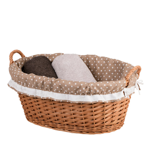 wicker basket with handles and beige lining