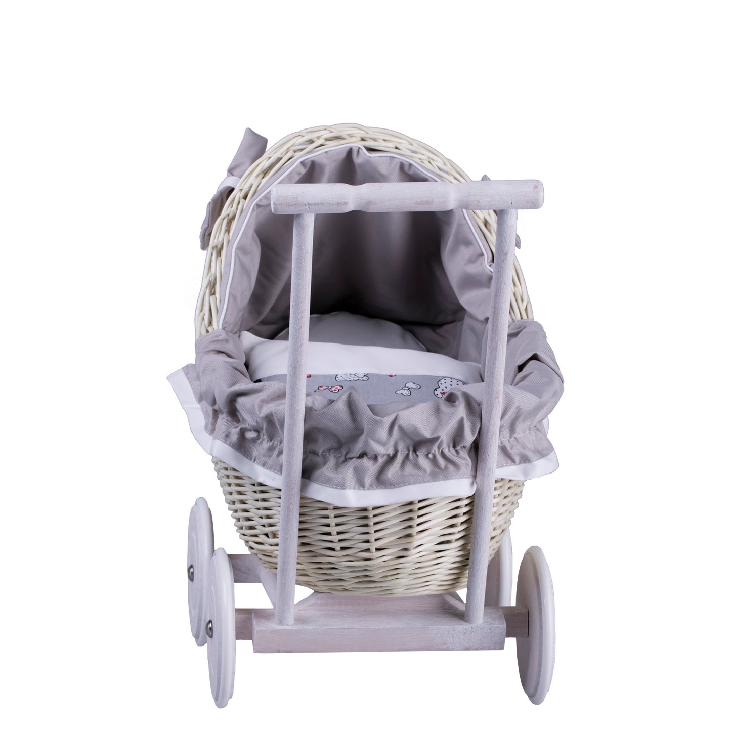 Lili wicker doll stroller with gray trim, blanket, and pillow