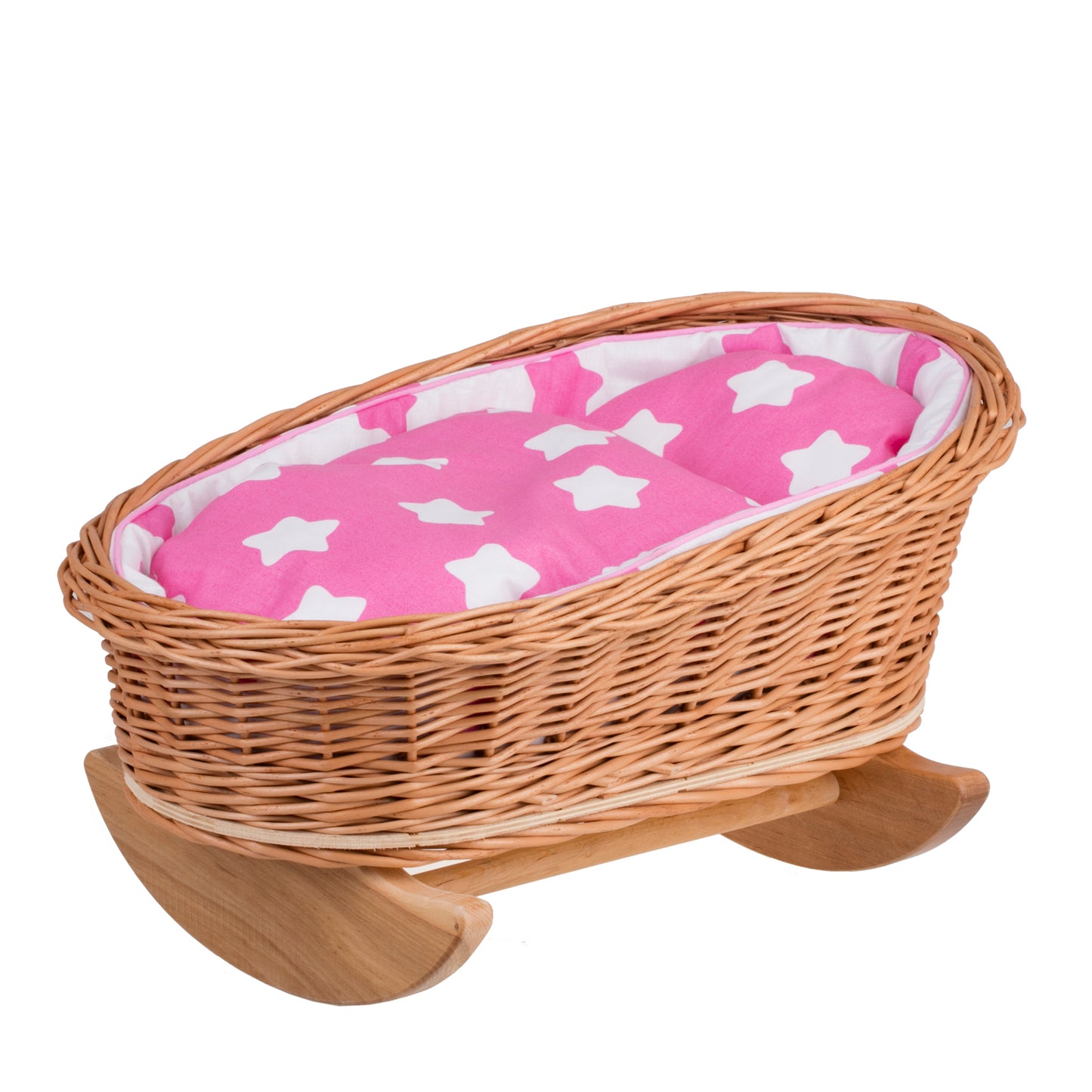 Mimi rotting vagga för dockor med rosa foder, kudde och täcke