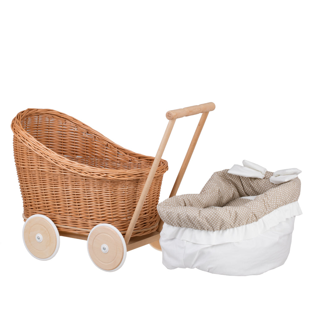 Luna vikledukkevogn med beige kanting, dyne og pute