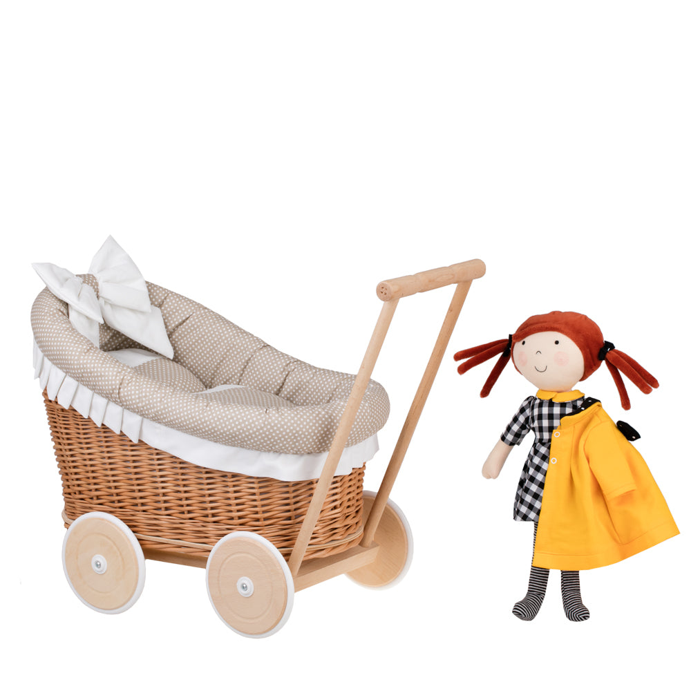 Luna vikledukkevogn med beige kanting, dyne og pute