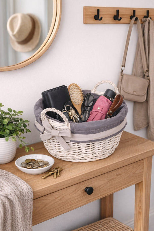 rieten opbergmand met grijze rand en handvaten