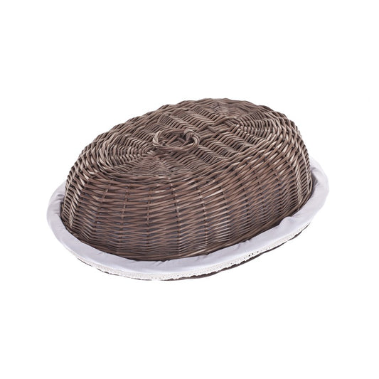 wicker bread basket with white trim, with lid and decorative bow