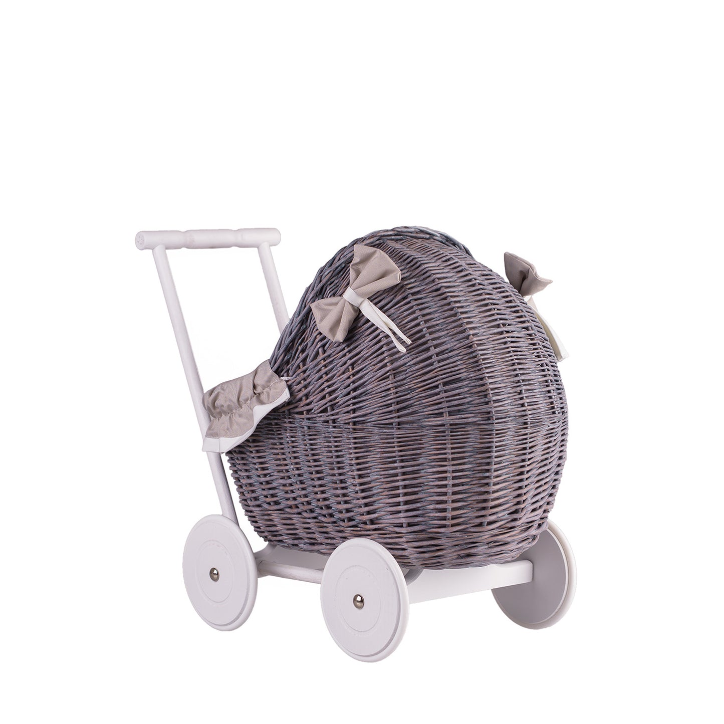 Lili wicker doll stroller with beige trim, blanket, and pillow
