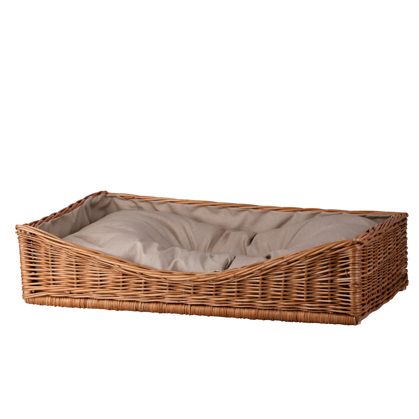 Eris rieten mand voor hond en kat met beige bies en kussen TheWickerStories