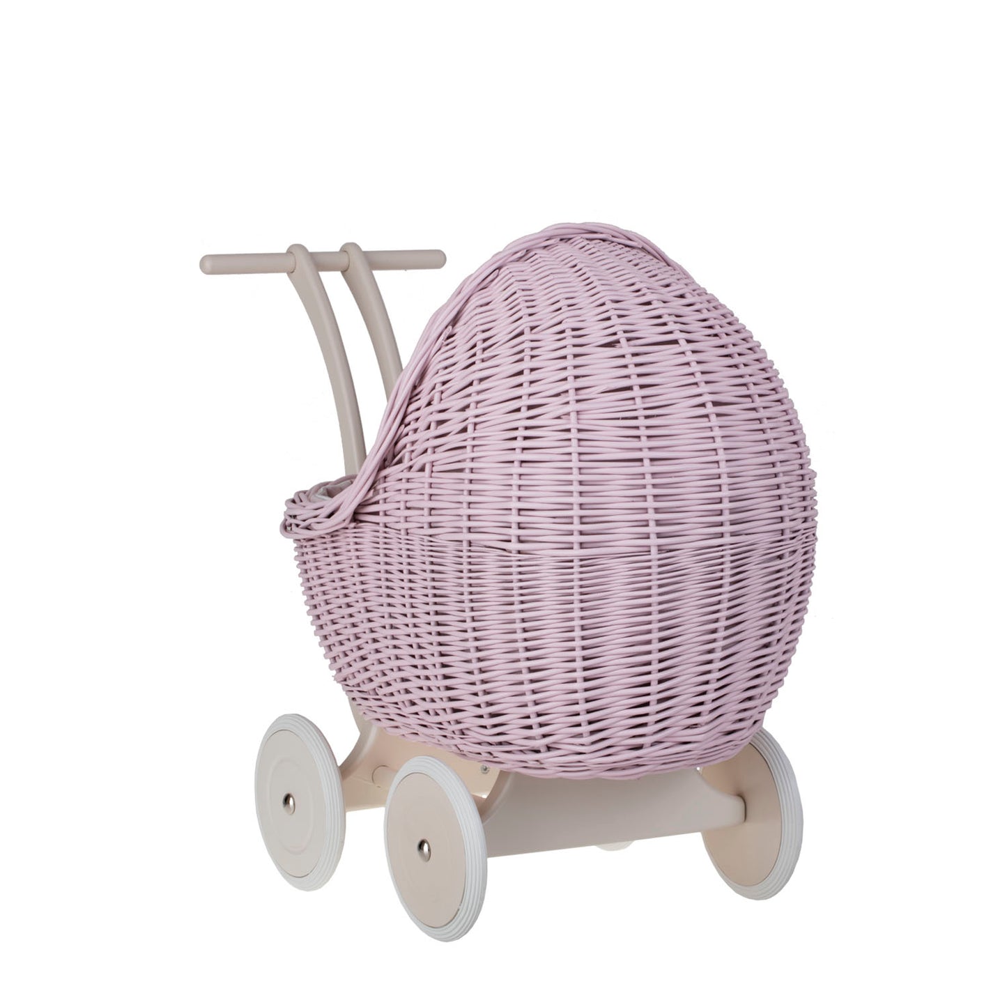 Lili wicker doll stroller with pink trim, blanket, and pillow