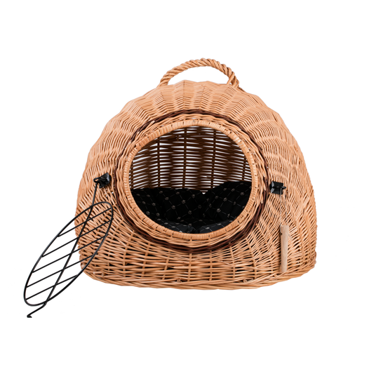 Tactus wicker cat house with cushion, handle and little doors TheWickerStories