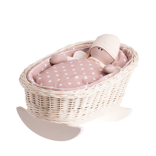 culla in vimini per bambole con fodera beige, cuscino e trapunta