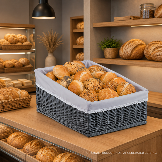 wicker display basket for bread with gray trim