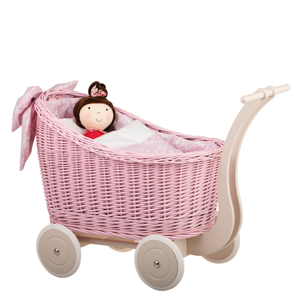 Luna carrozzina in vimini per bambole con rifinitura rosa, copertina e cuscino