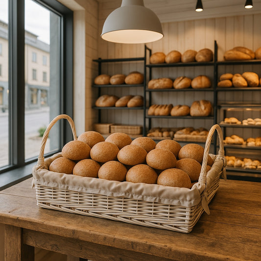 wiklinowy kosz do serwowania z beżowym obszyciem, z uchwytami