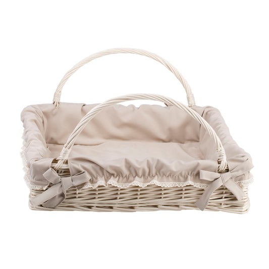 cesto in vimini da portata con rifinitura beige e maniglie