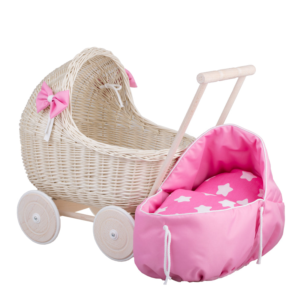 Lili wicker doll stroller with pink trim, blanket, and pillow