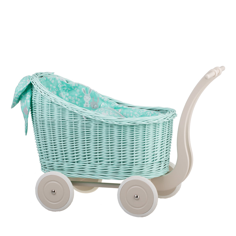 Luna wicker doll stroller with mint trim, blanket, and pillow