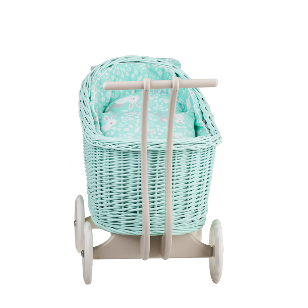 Luna wicker doll stroller with mint trim, blanket, and pillow