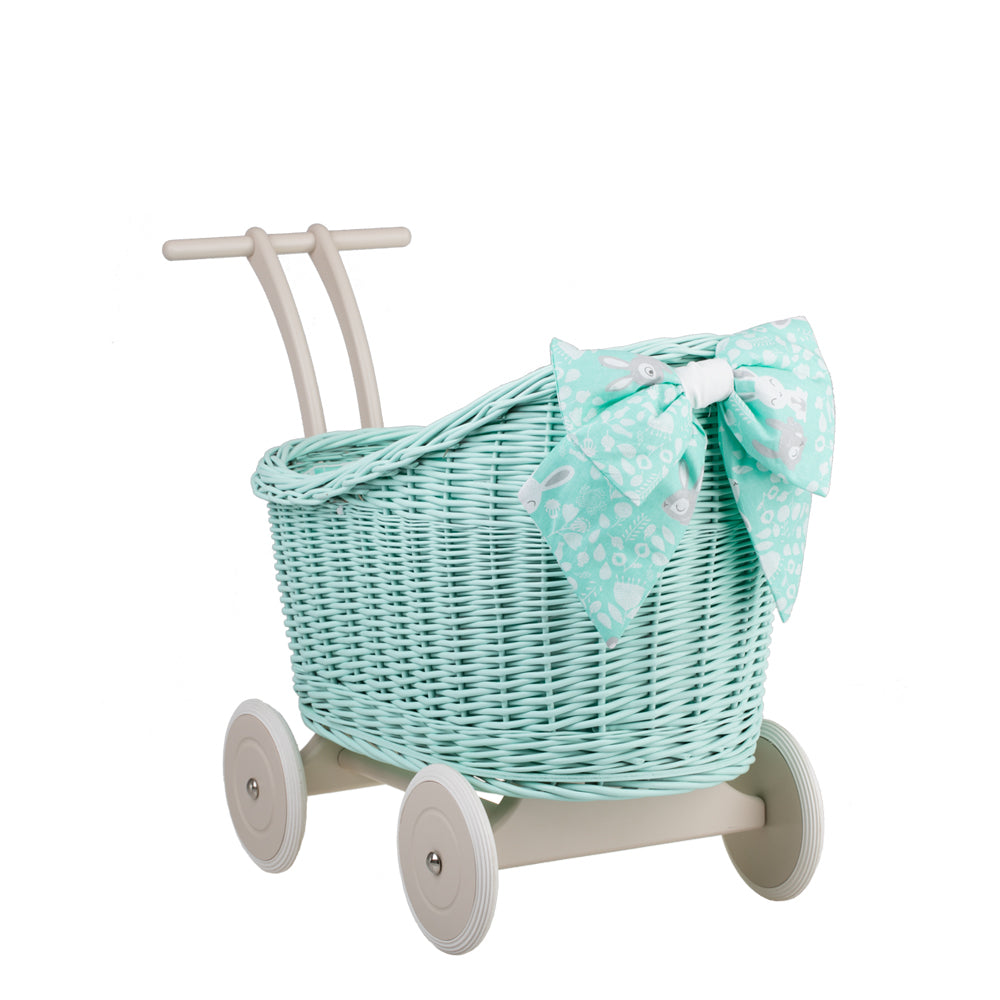 Luna wicker doll stroller with mint trim, blanket, and pillow