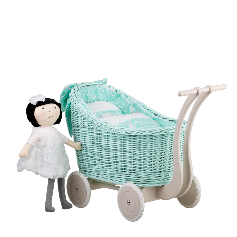 Luna wicker doll stroller with mint trim, blanket, and pillow
