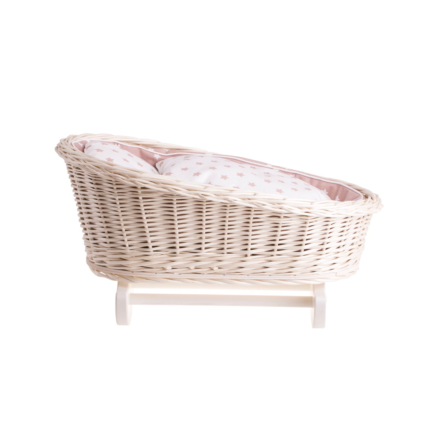 Mimi culla in vimini per bambole con fodera beige, cuscino e trapunta TheWickerStories