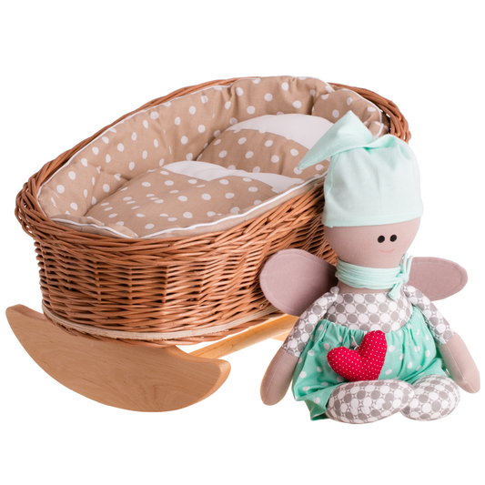 Mimi wicker cradle for dolls with beige lining, pillow and duvet TheWickerStories