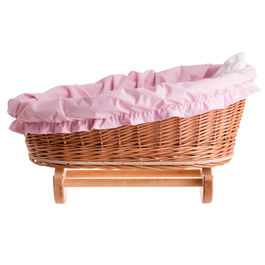 Mimi culla in vimini per bambole con fodera beige, cuscino e piumone TheWickerStories