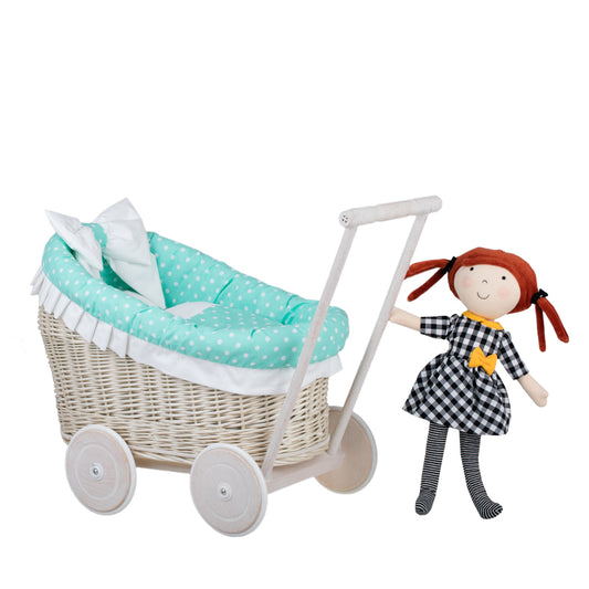 Luna wicker doll stroller with mint trim, blanket, and pillow